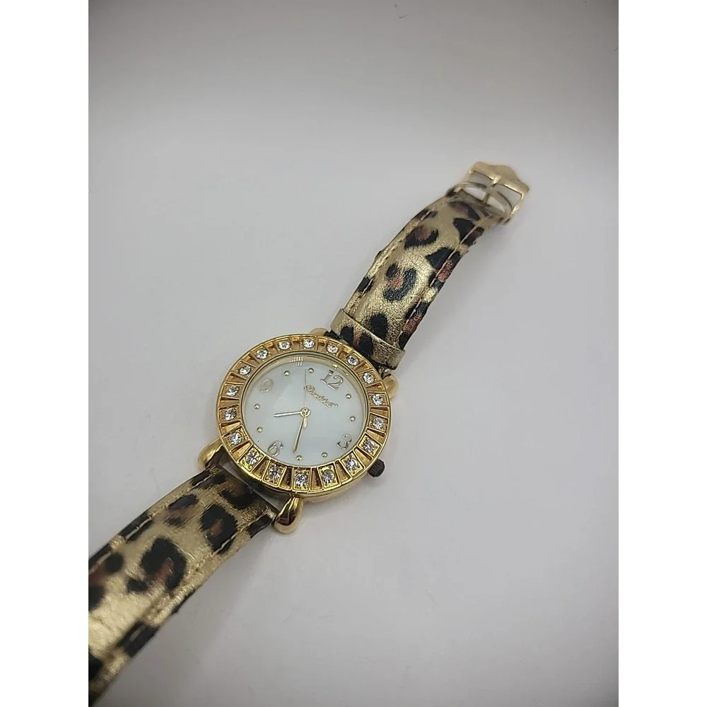 Vintage Bombshell Wristwatch Watch Leopard Print Strap Rhinestones Jewelry